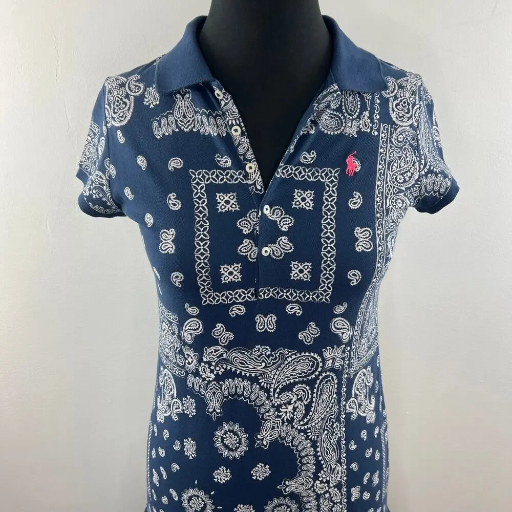 POLO RALPH LAUREN Blue White Cotton Bandana Print Short Sleeve Dress Girls XL